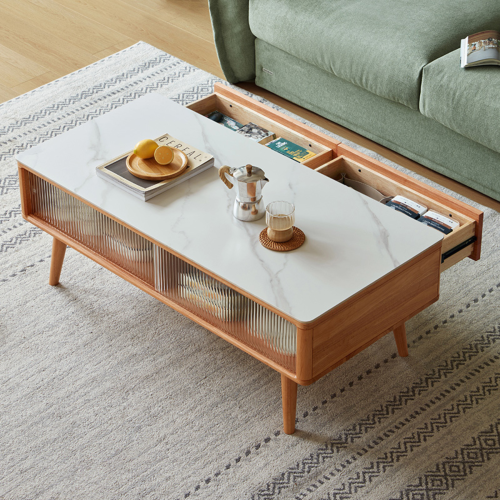 Linspire Ventus Solid Wood Coffee Table with Sintered Marble Top, Natural