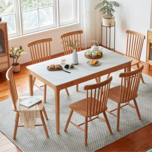 Linspire Ventus Solid Wood Dining Table with Sintered Marble Top, White Marble