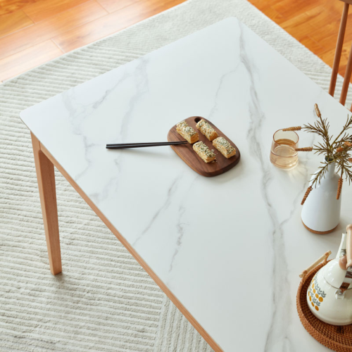 Linspire Ventus Solid Wood Dining Table with Sintered Marble Top, White Marble