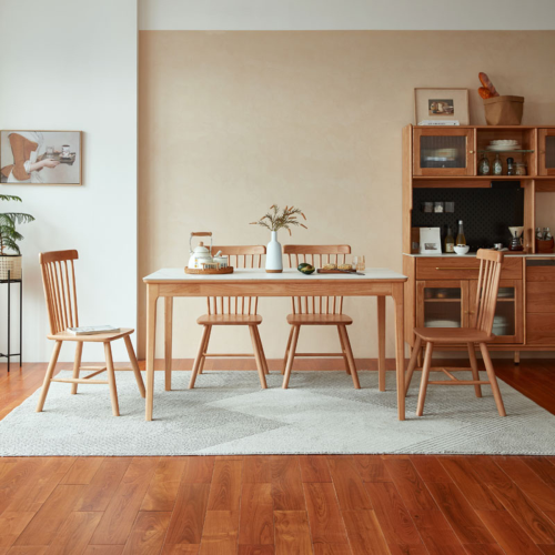 Linspire Ventus Solid Wood Dining Table with 4 Chairs Set, White Marble