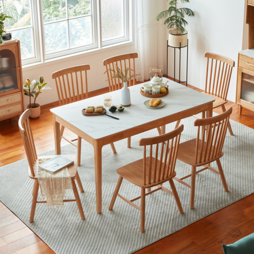 Linspire Ventus Solid Wood Dining Table with 4 Chairs Set, White Marble