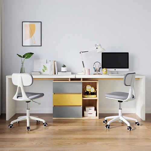 Linspire Slate Dual Study Desks and 2 Chairs Set, Grey & White & Yellow