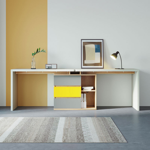Linspire Slate Dual Study Desks and 2 Chairs Set, Grey & White & Yellow