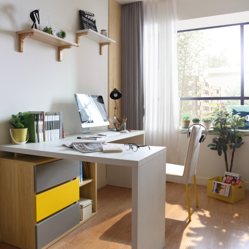 Linspire Slate Dual Study Desks and 2 Chairs Set, Grey & White & Yellow