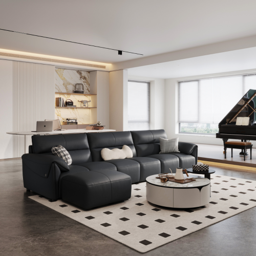 Linspire Plume Leather 5-Seater Sofa with Ottoman, Black