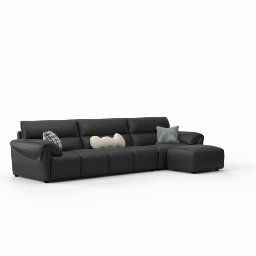 Linspire Plume Leather 5-Seater Sofa with Ottoman, Black