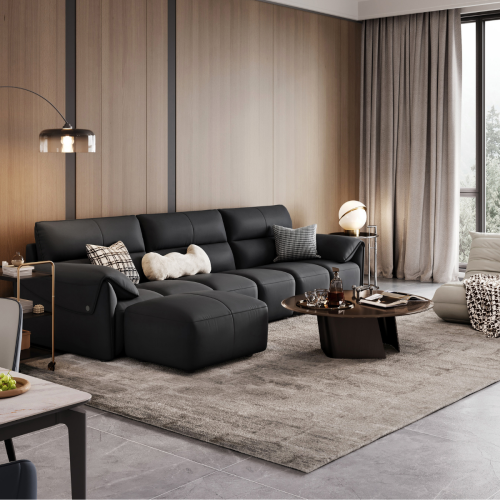Linspire Plume Leather 5-Seater Sofa with Ottoman, Black
