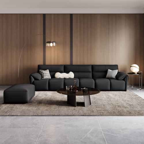 Linspire Plume Leather 5-Seater Sofa with Ottoman, Black