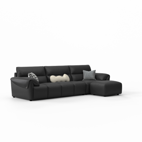 Linspire Plume 4-Seater Leather Sofa with Ottoman, Black