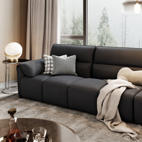 Linspire Plume 4-Seater Leather Sofa with Ottoman, Black