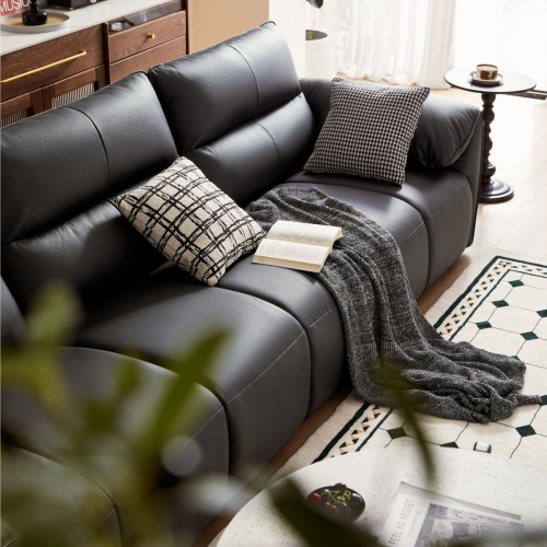 Linspire Plume 4-Seater Leather Sofa with Ottoman, Black