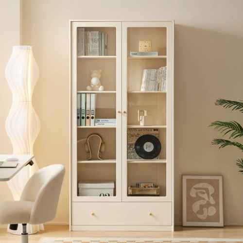 Linspire Ventus Bookcase with Glass Door & Storage Drawers, Off-White