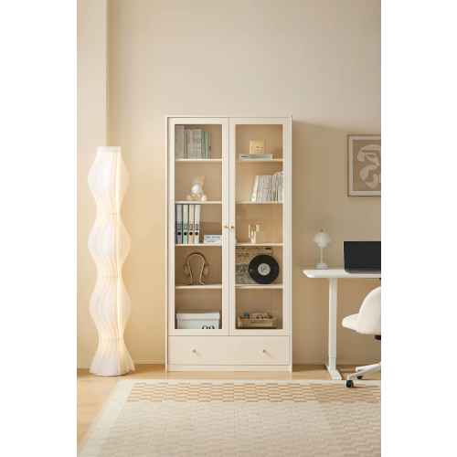 Linspire Ventus Bookcase with Glass Door & Storage Drawers, Off-White