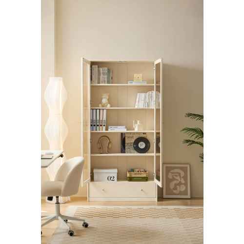 Linspire Ventus Bookcase with Glass Door & Storage Drawers, White