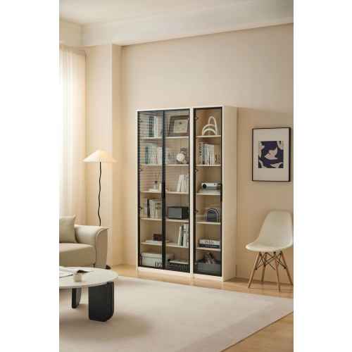 Linspire Ventus Bookcase with Glass Door, Small, Off-White & Black