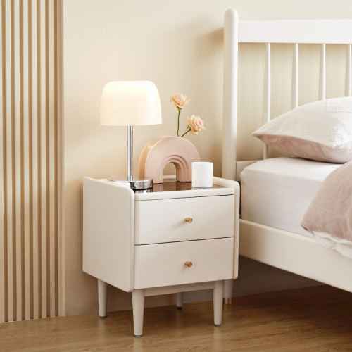 Linspire Ventus Bedside Table with Glass Top, Off-White