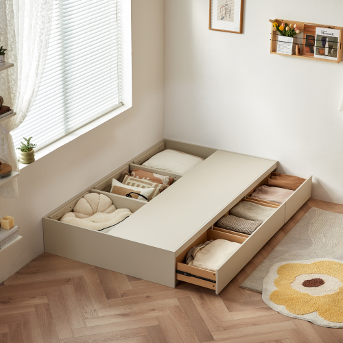 Linspire Lattice Small Queen Bed Base with Drawers and Storage Cabinet, Cool White & Natural