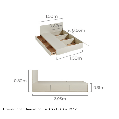 Linspire Lattice Small Queen Bed Frame with Drawers and Storage Headboard, 150x243x242cm