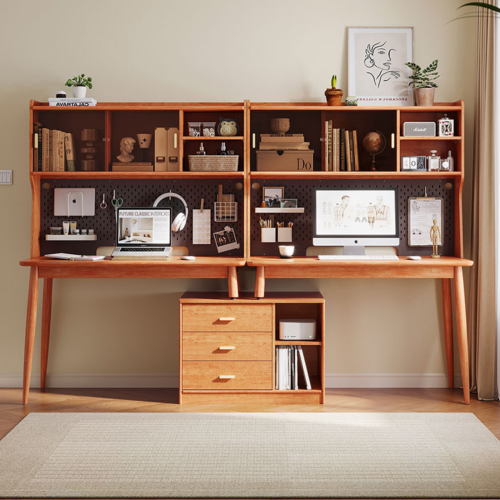 Linspire Radian Extendable Dual Office Desk with a Large Cabinet and a Bookcase