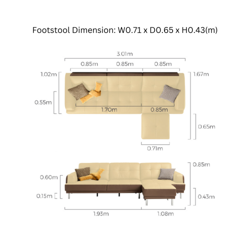 Linspire Vertex 4-Seater Leather Sofa with Ottoman, Black, 301x167x85cm