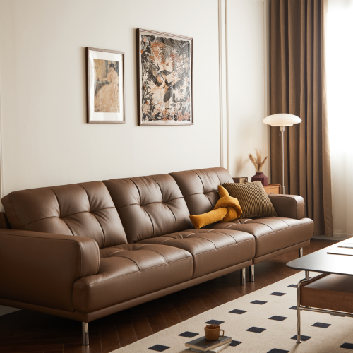 Linspire Vertex 4-Seater Leather Sofa with Ottoman, Brown, 301x167x85cm