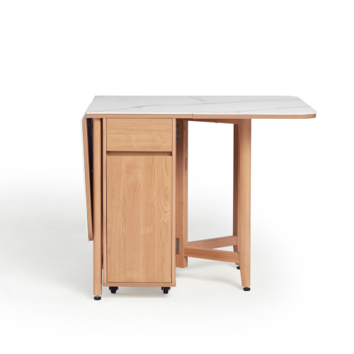 Linspire Yumi Sintered Stone Table Top Foldable Dining Table & 4 Dining Chairs Set, Natural, Faux White Marble & Creamy White