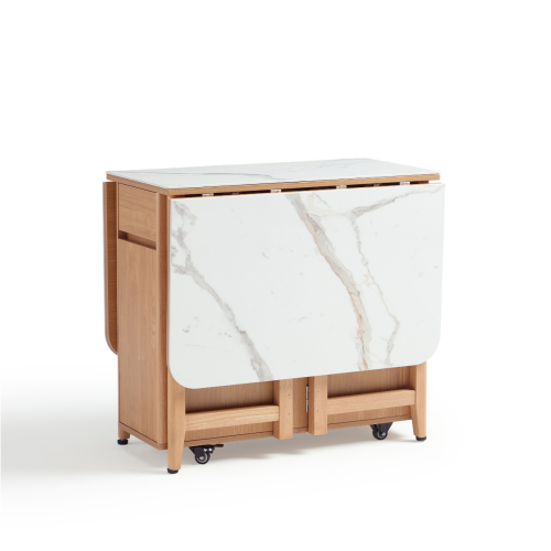 Linspire Yumi Sintered Stone Table Top Foldable Dining Table & 4 Dining Chairs Set, Natural, Faux White Marble & Creamy White