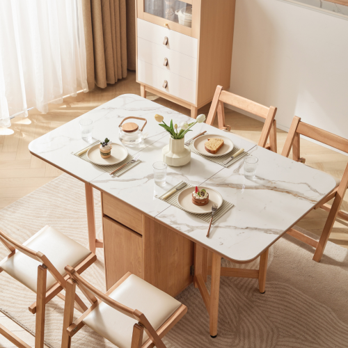 Linspire Yumi Sintered Stone Table Top Foldable Dining Table & 4 Dining Chairs Set, Natural, Faux White Marble & Creamy White