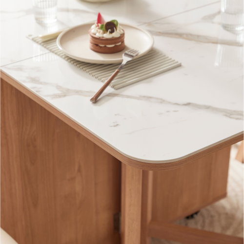 Linspire Yumi Sintered Stone Table Top Foldable Dining Table & 4 Dining Chairs Set, Natural, Faux White Marble & Creamy White