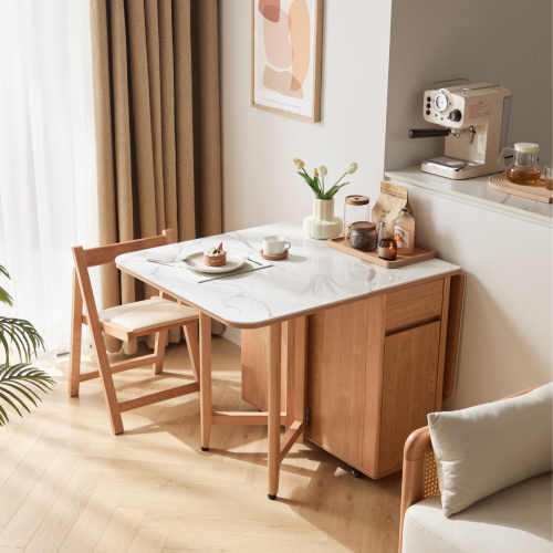 Linspire Yumi Sintered Stone Table Top Foldable Dining Table & 4 Dining Chairs Set, Natural, Faux White Marble & Creamy White