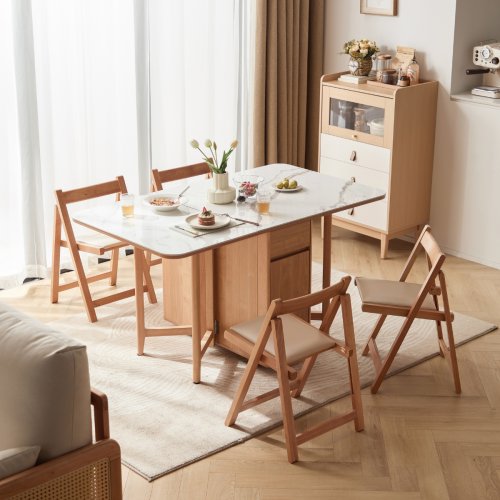 Linspire Yumi Sintered Stone Table Top Foldable Dining Table & 4 Dining Chairs Set, Natural, Faux White Marble & Creamy White