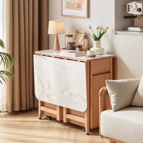 Linspire Yumi Sintered Stone Table Top Foldable Dining Table with Castors, Natural & Faux White Marble