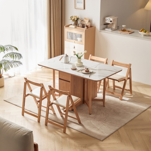 Linspire Yumi Sintered Stone Table Top Foldable Dining Table with Castors, Natural & Faux White Marble