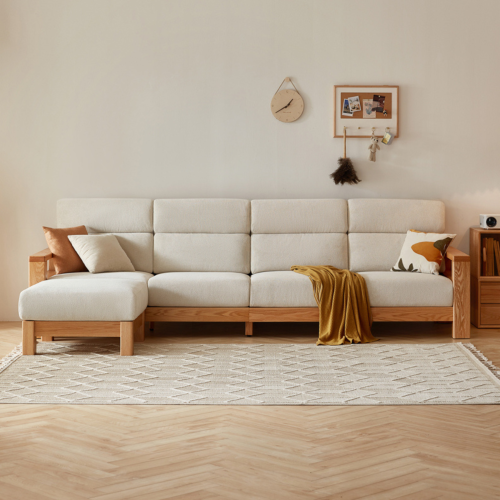 Linspire Mellow Solid Wood 4-Seater Sofa with Ottoman, Natural & White