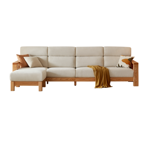 Linspire Mellow Solid Wood 4-Seater Sofa with Ottoman, Natural & White