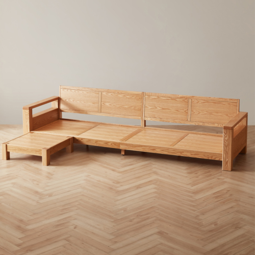 Linspire Mellow Solid Wood 4-Seater Sofa with Ottoman, Natural & White