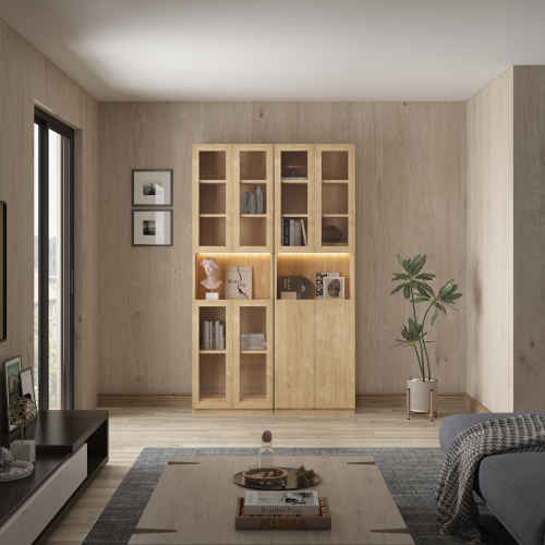 Loft Kiri Bookcase with Panel/Glass Doors, 0.6m, Light Wood