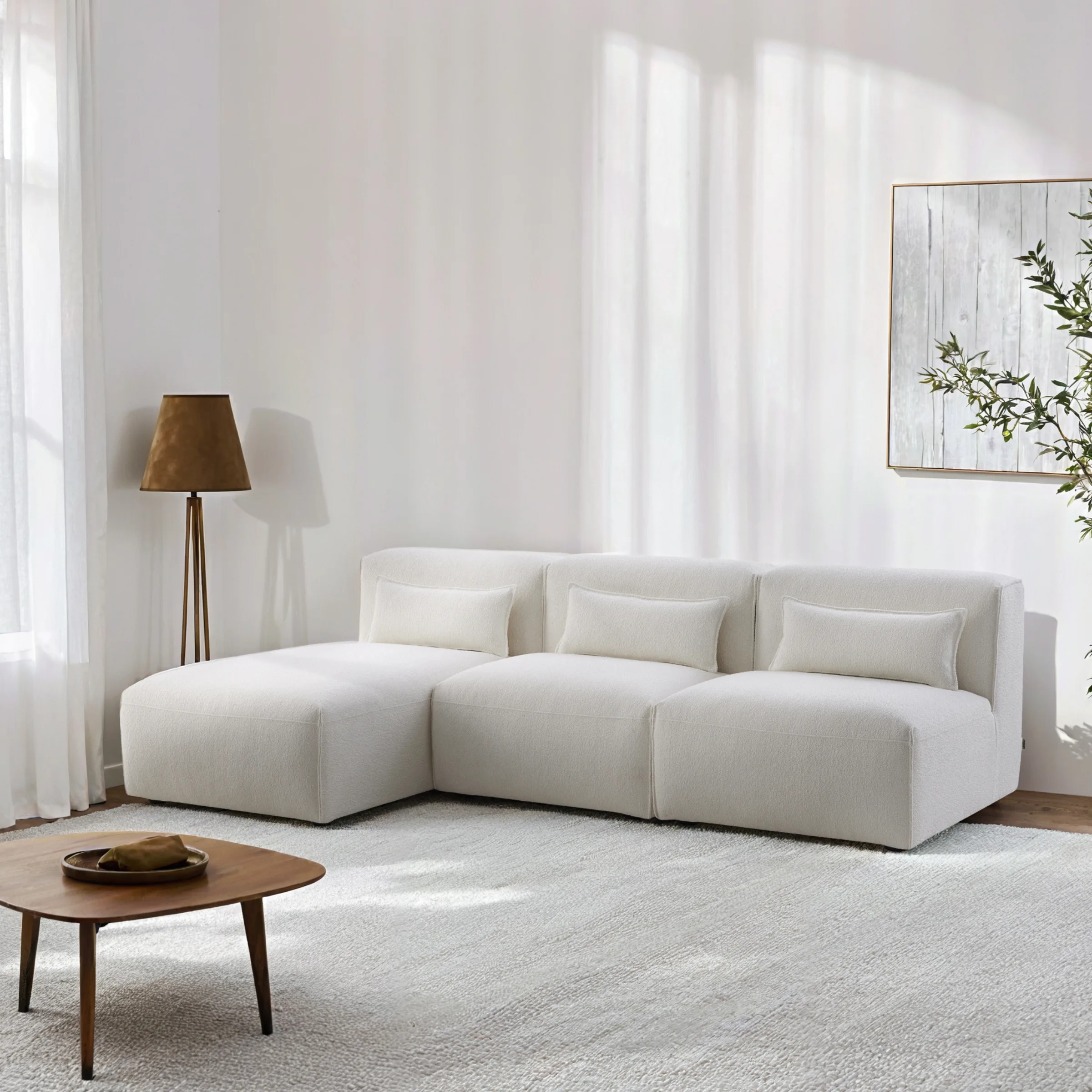 MODE Bravo 4-Seater Armless Modular Sofa with Chaise, Boucle, Cream White