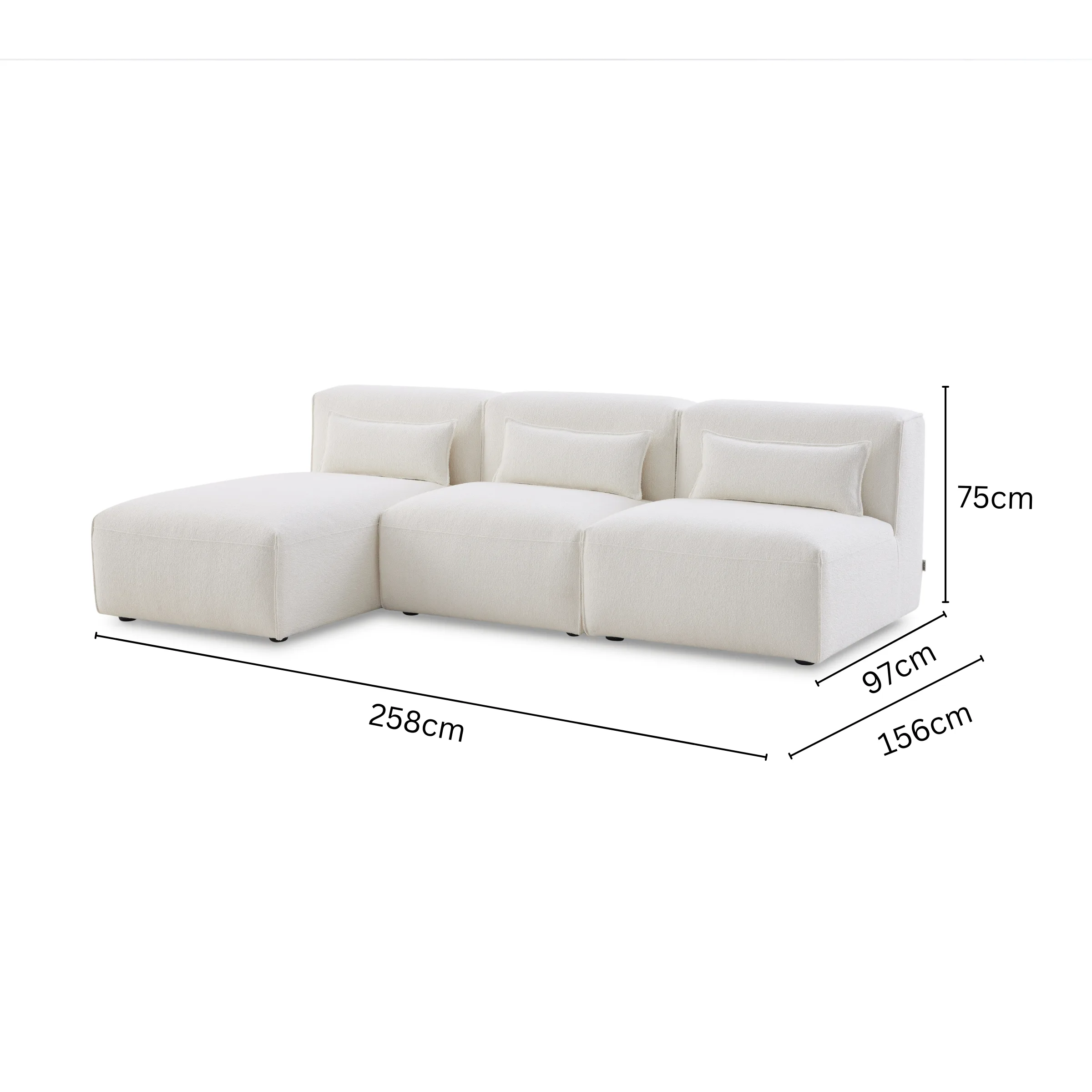 MODE Bravo 4-Seater Armless Modular Sofa with Chaise, Boucle, Cream White