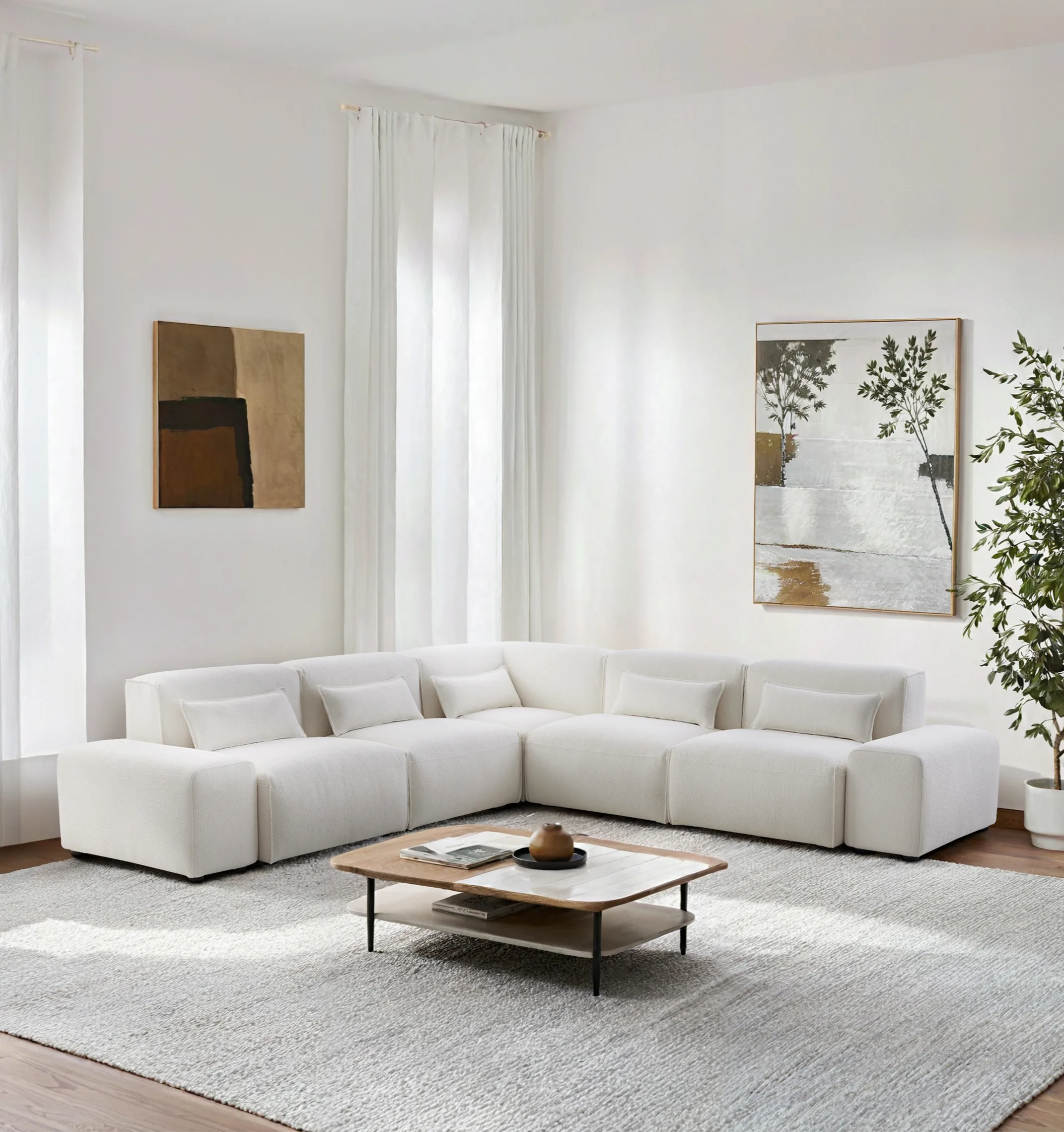 MODE Bravo 5-Seater Modular Corner Sofa with Arm, Boucle, Cream White