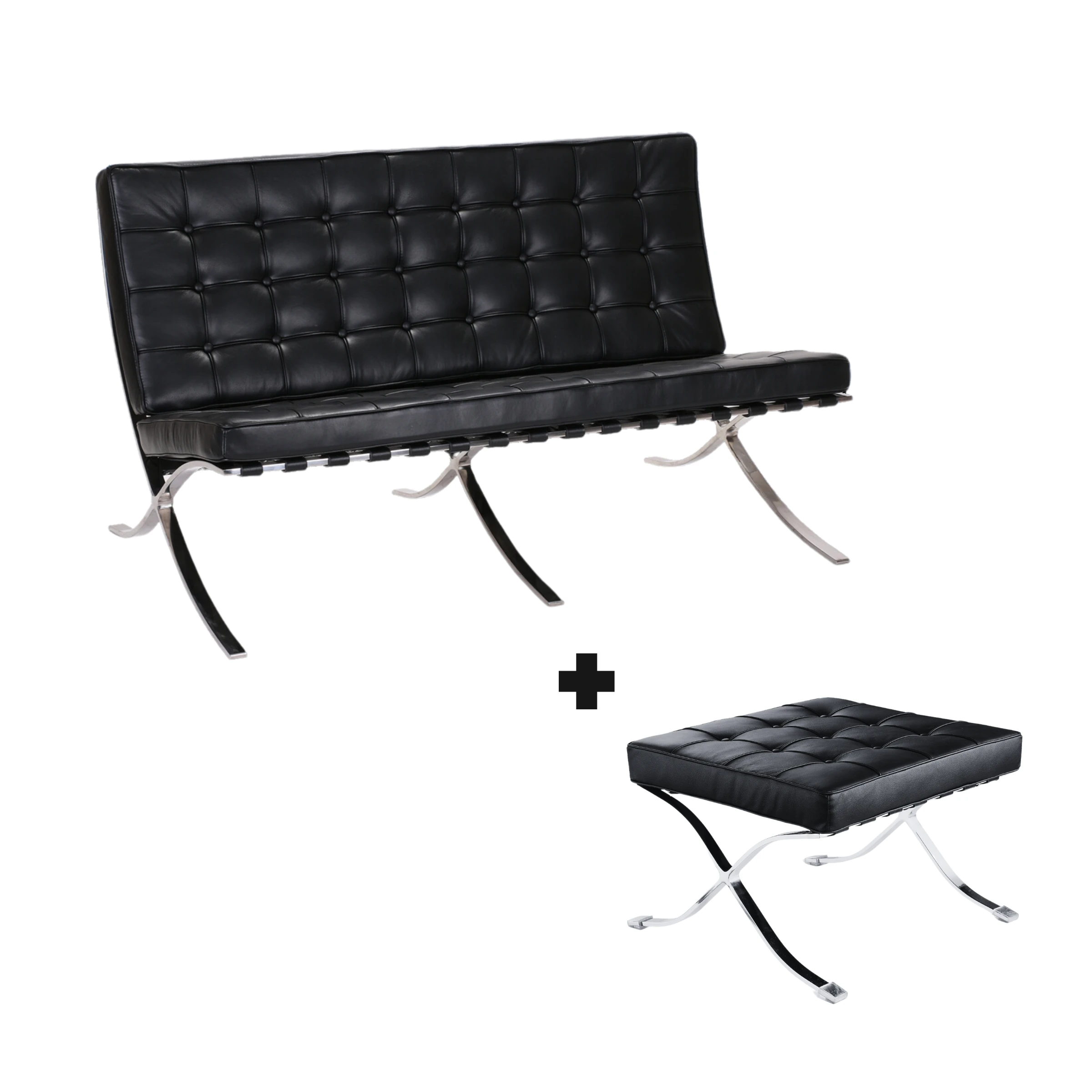 Mies Van Der Rohe Barcelona Chair with Ottoman Replica, 2-Seater