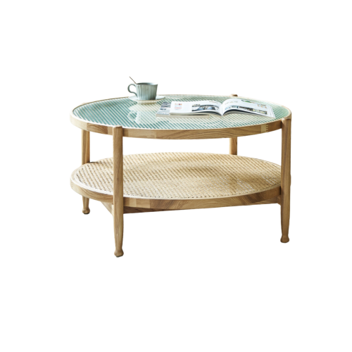 BohoBoho Verus Solid Wood & Rattan Ripple Coffee Table, Natural, 86x46cm