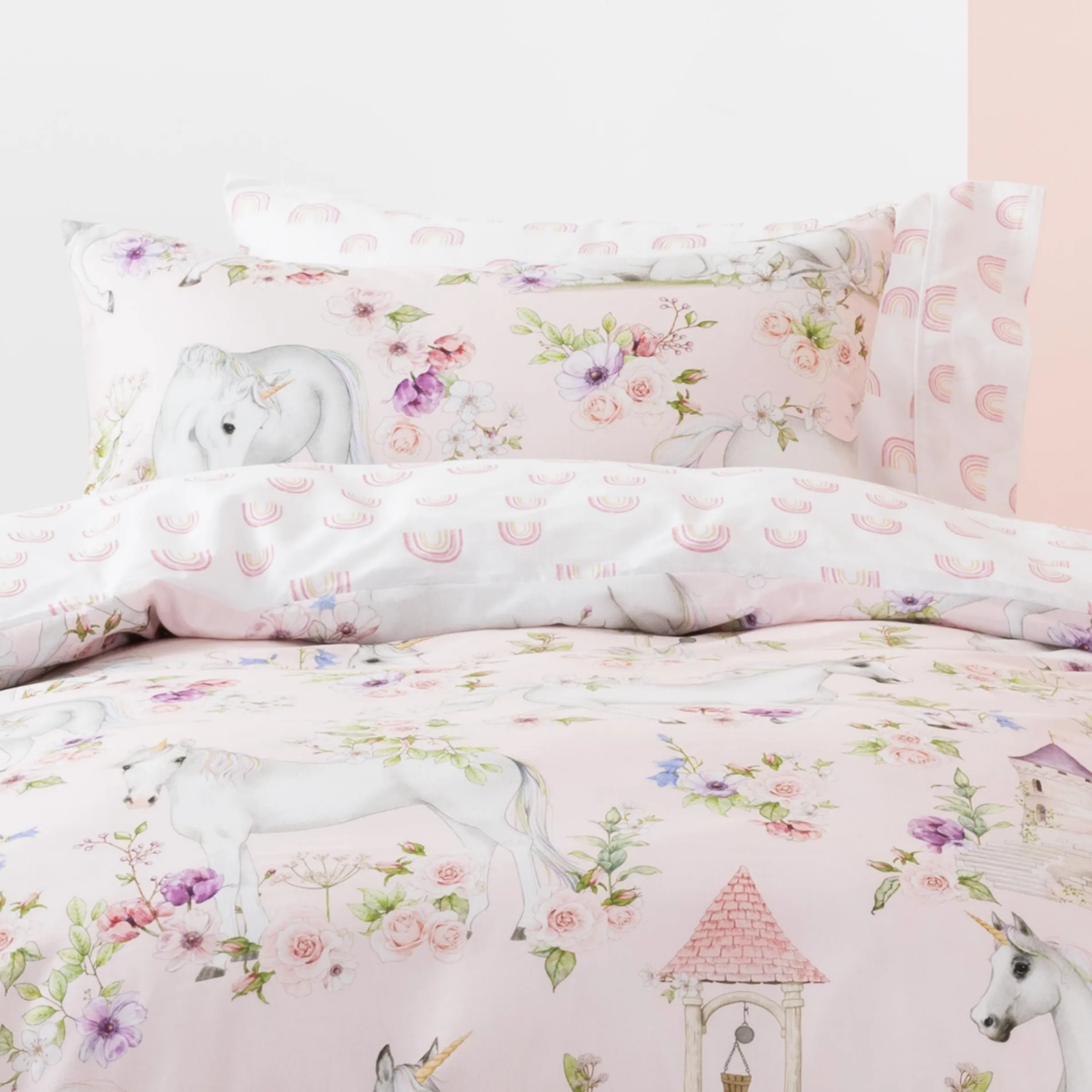 SQUIGGLES Unicorn Blossom Duvet Cover Set, Blush, Single