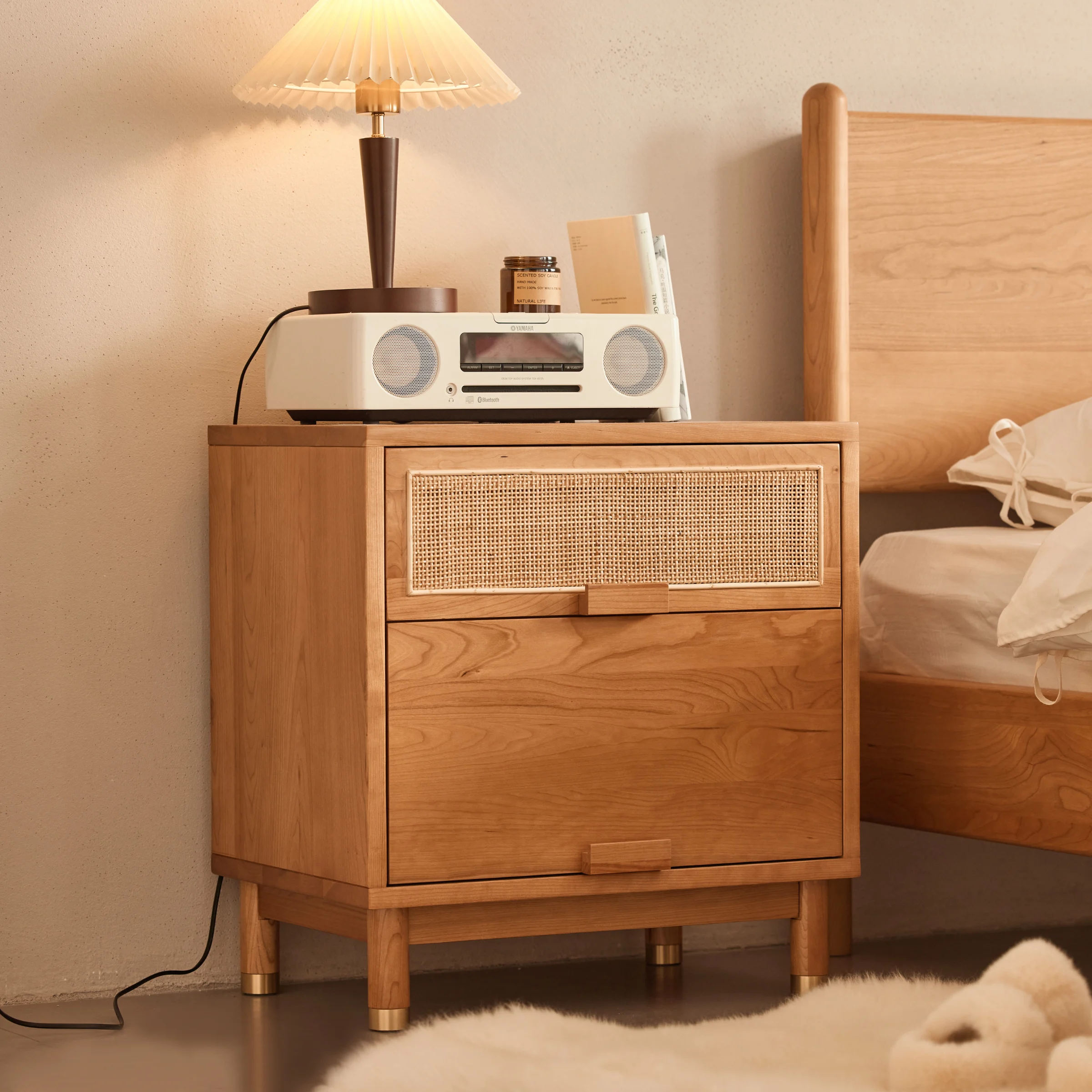 Solidwood Quartz Cherry Bedside Table with Rattan