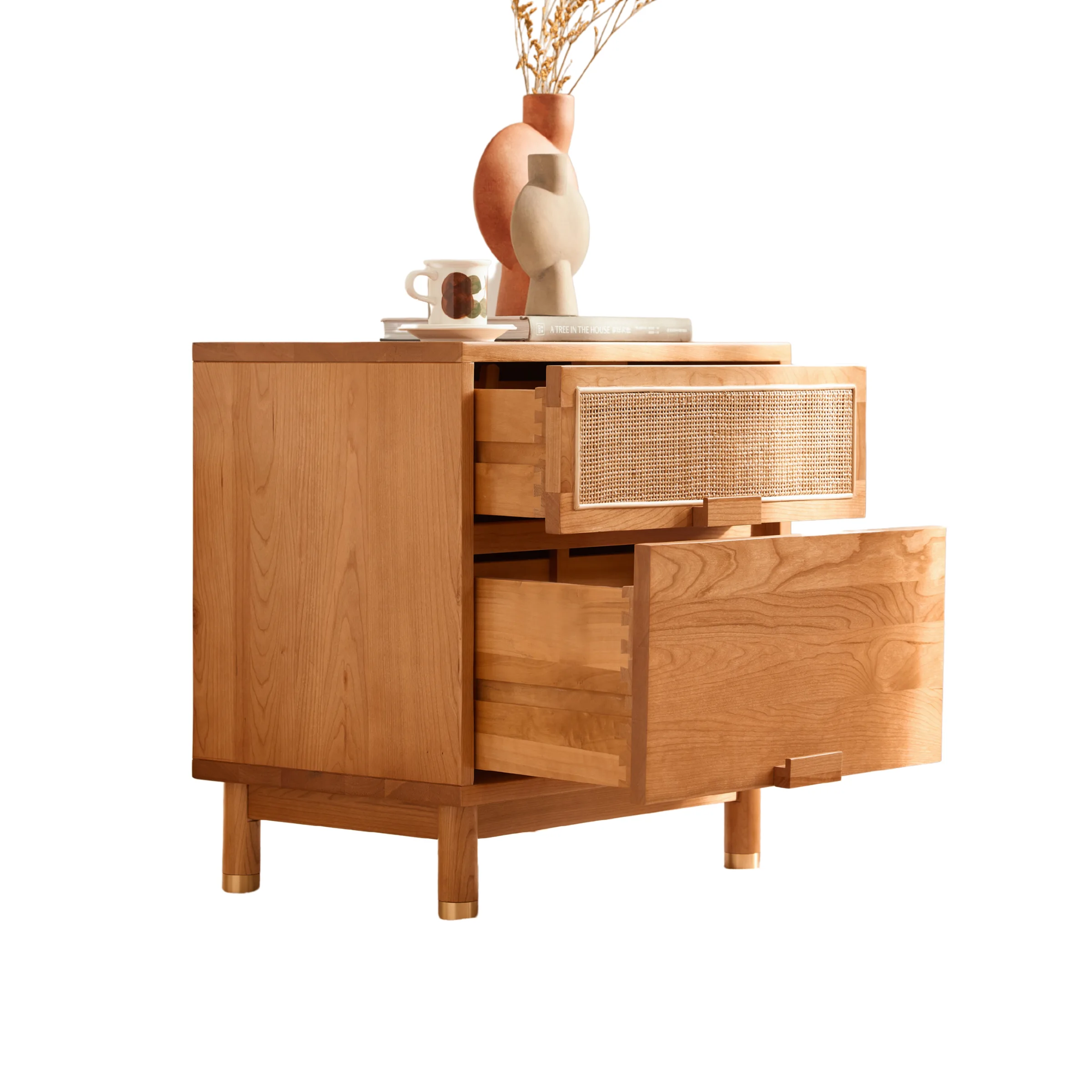 Solidwood Quartz Cherry Bedside Table with Rattan