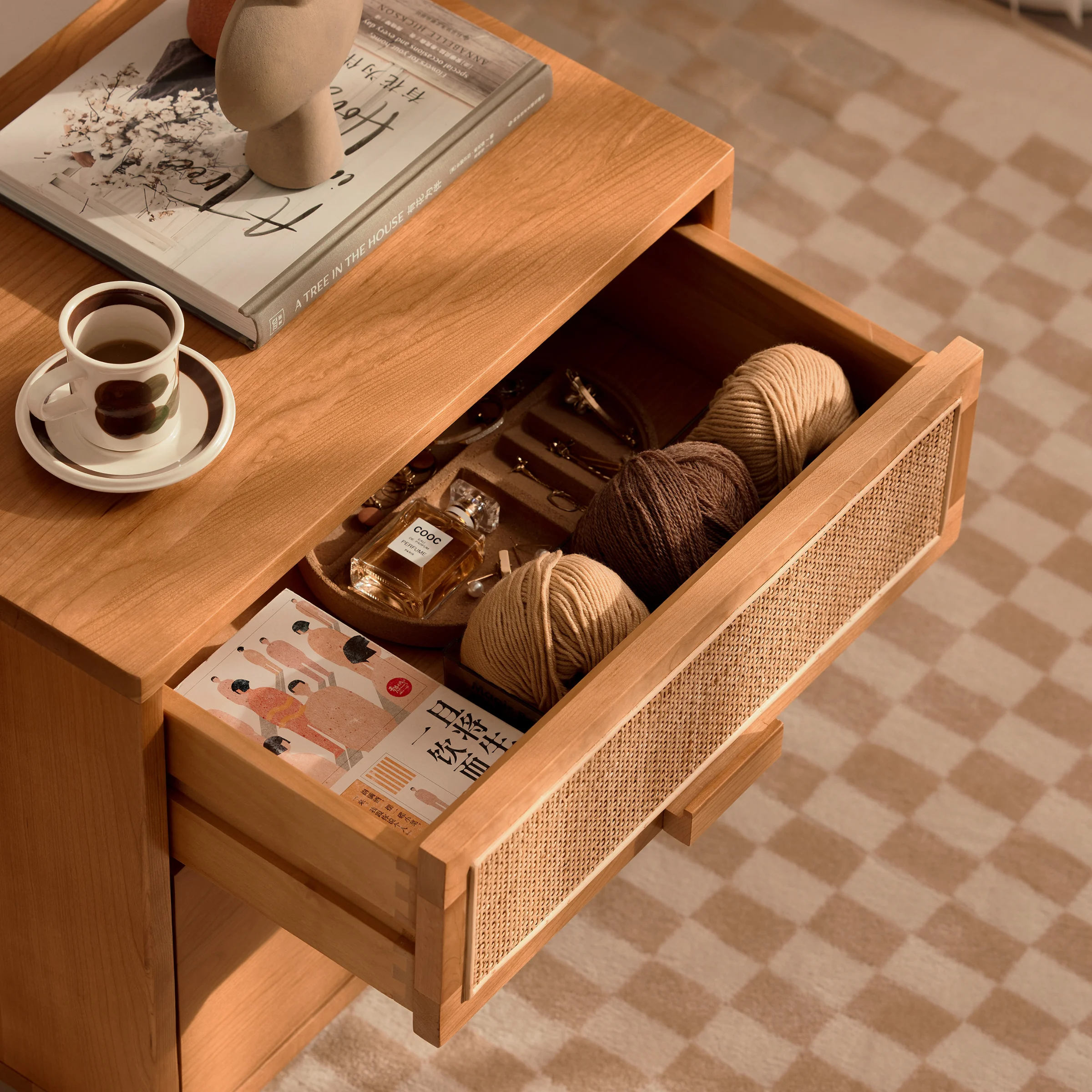 Solidwood Quartz Cherry Bedside Table with Rattan