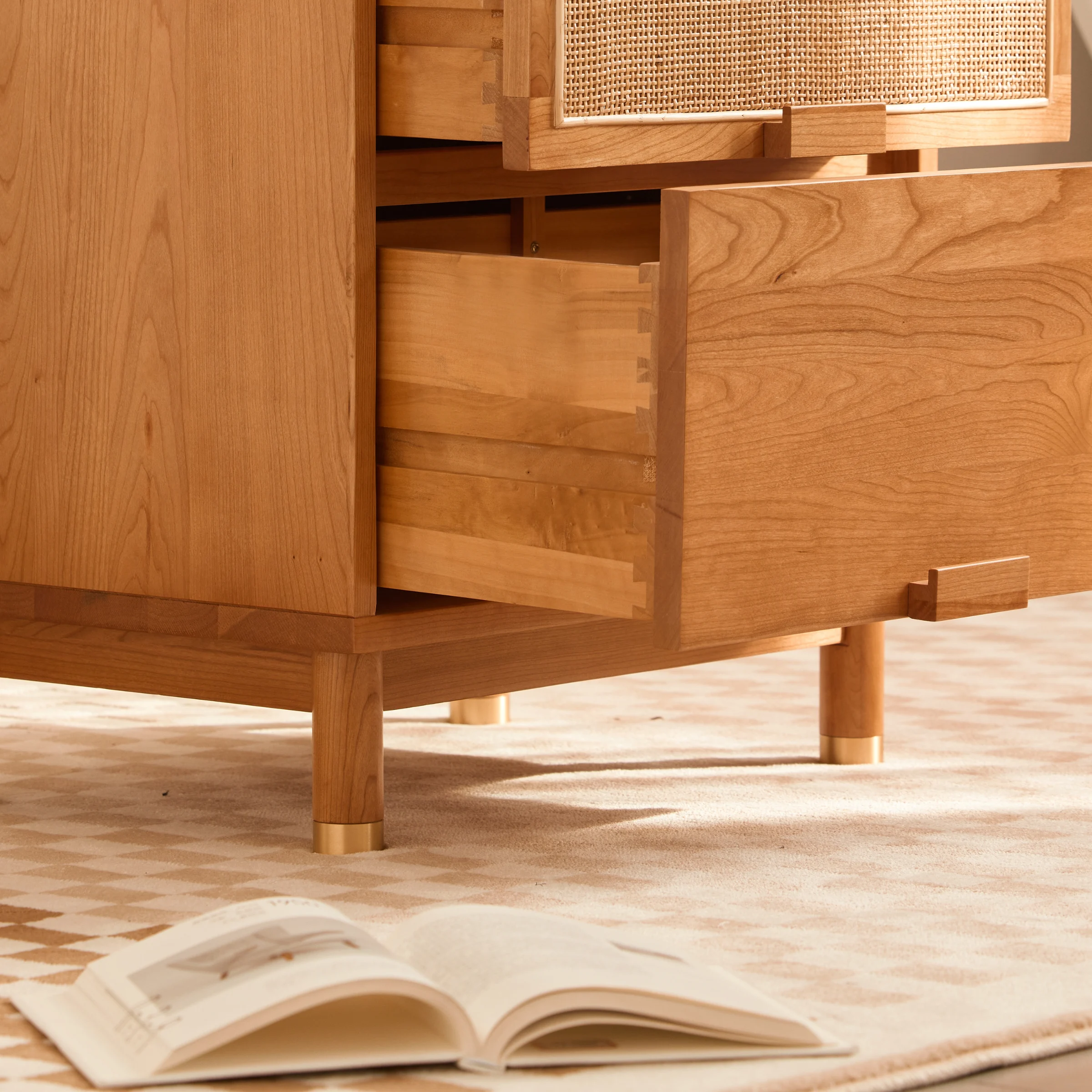 Solidwood Quartz Cherry Bedside Table with Rattan