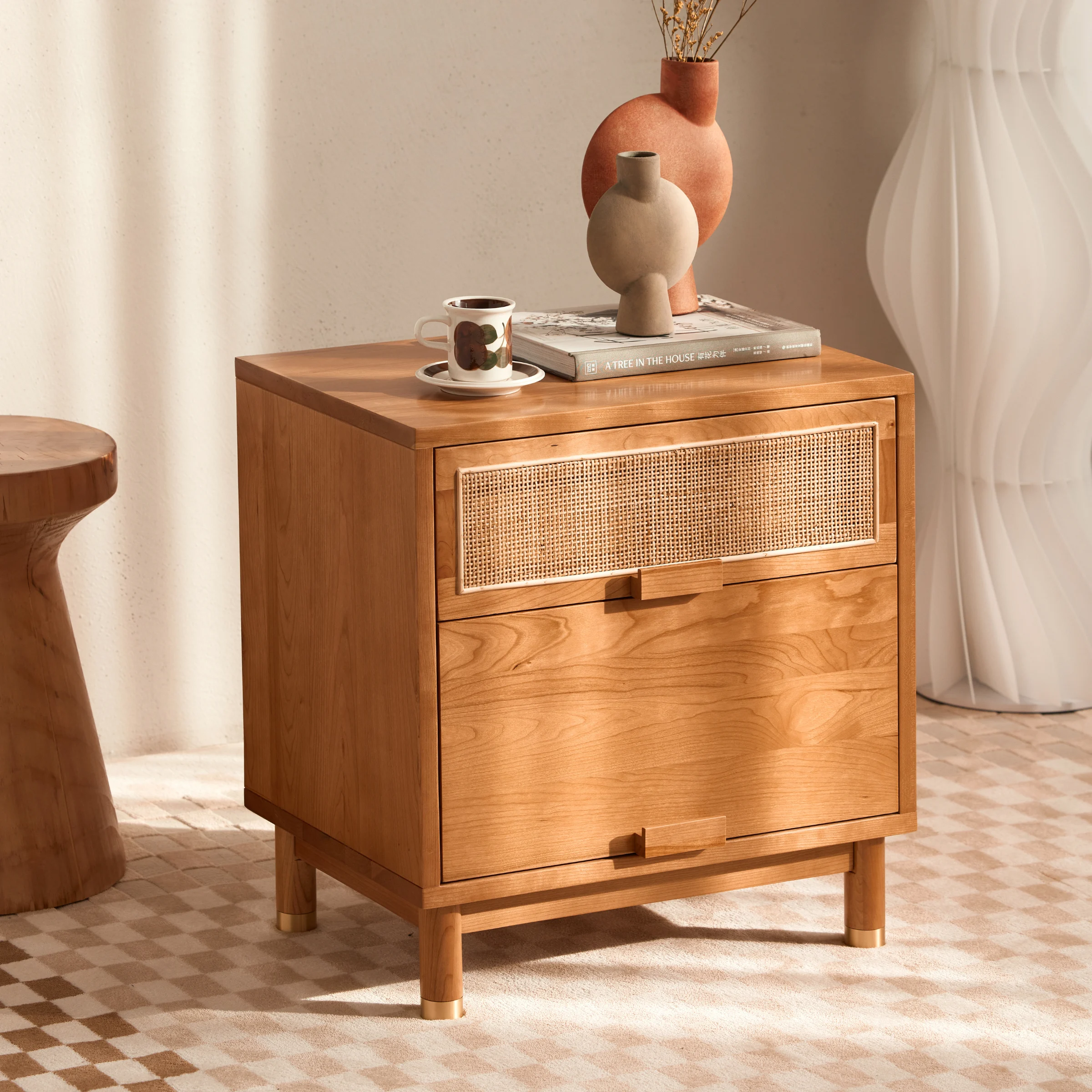 Solidwood Quartz Cherry Bedside Table with Rattan