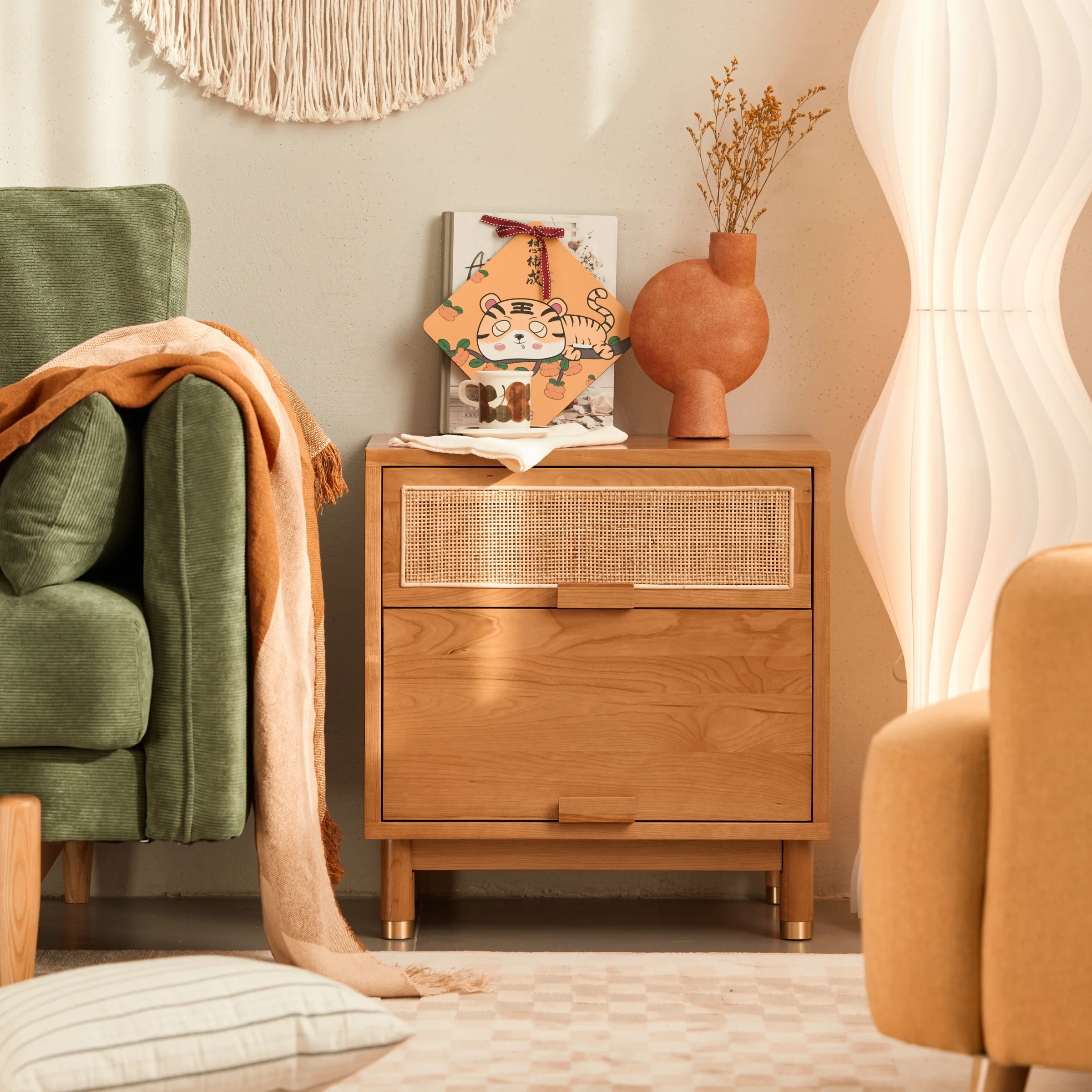 Solidwood Quartz Cherry Bedside Table with Rattan