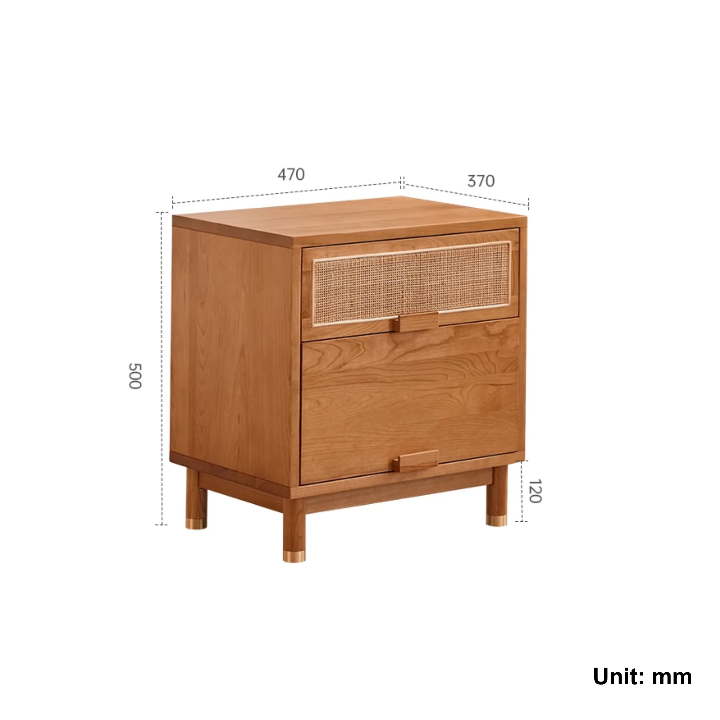 Solidwood Quartz Cherry Bedside Table with Rattan